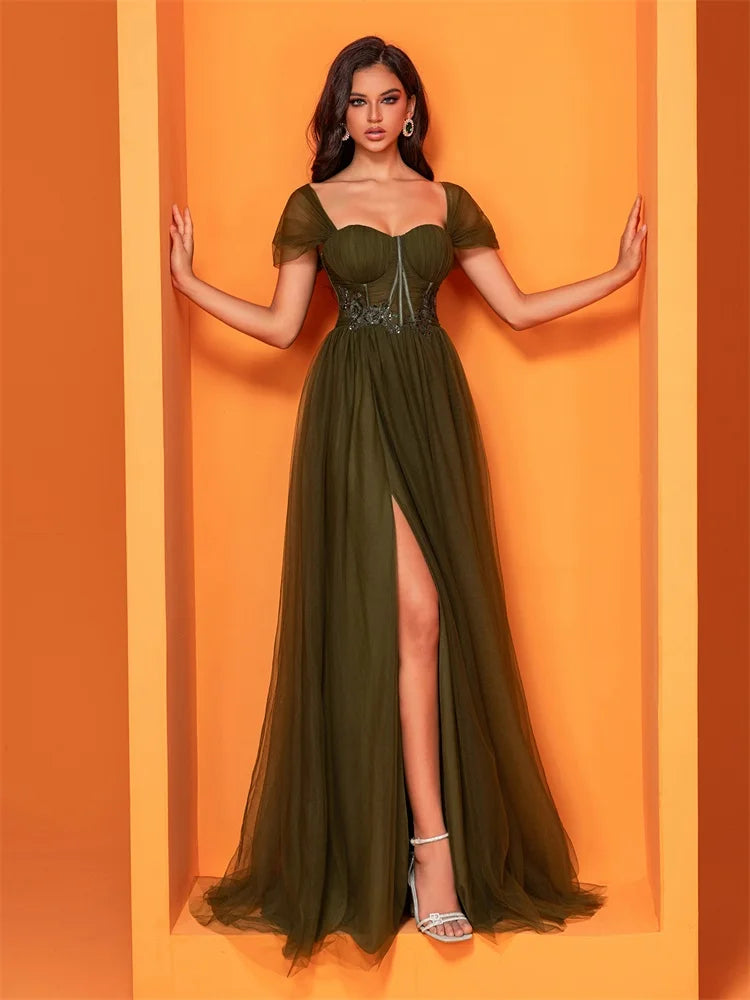 BluePlum Short Sleeves Slit Evening Dress - Elegant Mermaid Maxi | Blue Plum - Blue Plum
