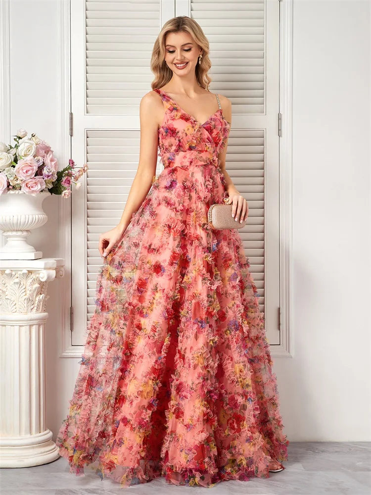 BluePlum Luxury Fashion Floral V-Neck Evening Dress Women Elegant Tulle Bridesmaid Wedding Party Prom Floor Lenght Cocktail Gowns | Blue Plum - Blue Plum