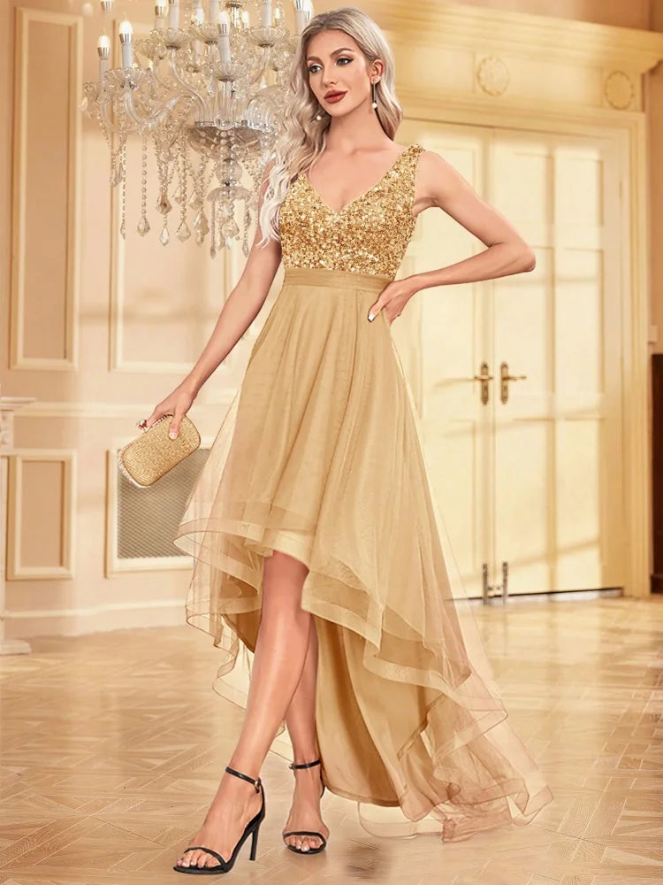 Sequined Sleeveless Gold Formal Evening Dress | Blue Plum - Blue Plum