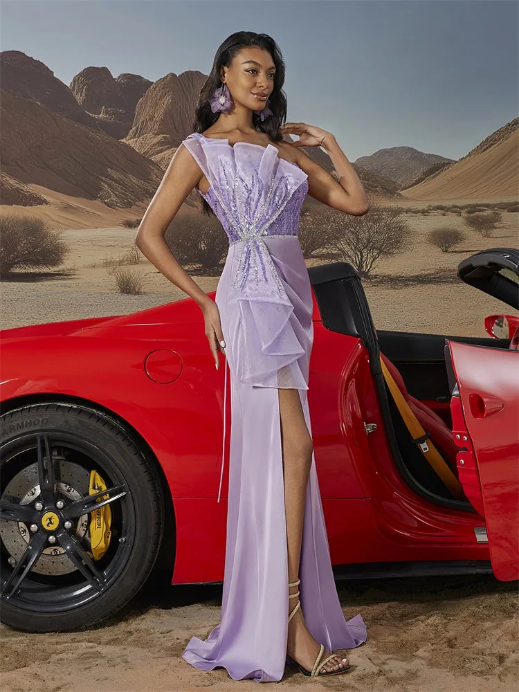 BluePlum Elegant Satin Split Evening Gown | Blue Plum - Blue Plum