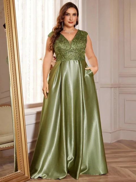BluePlum Plus Size Luxury Grey Satin V-Neck Evening Dress Elegant 2024 Women Wedding Party Prom Floor Lenght Cocktail Dress | Blue Plum - Blue Plum