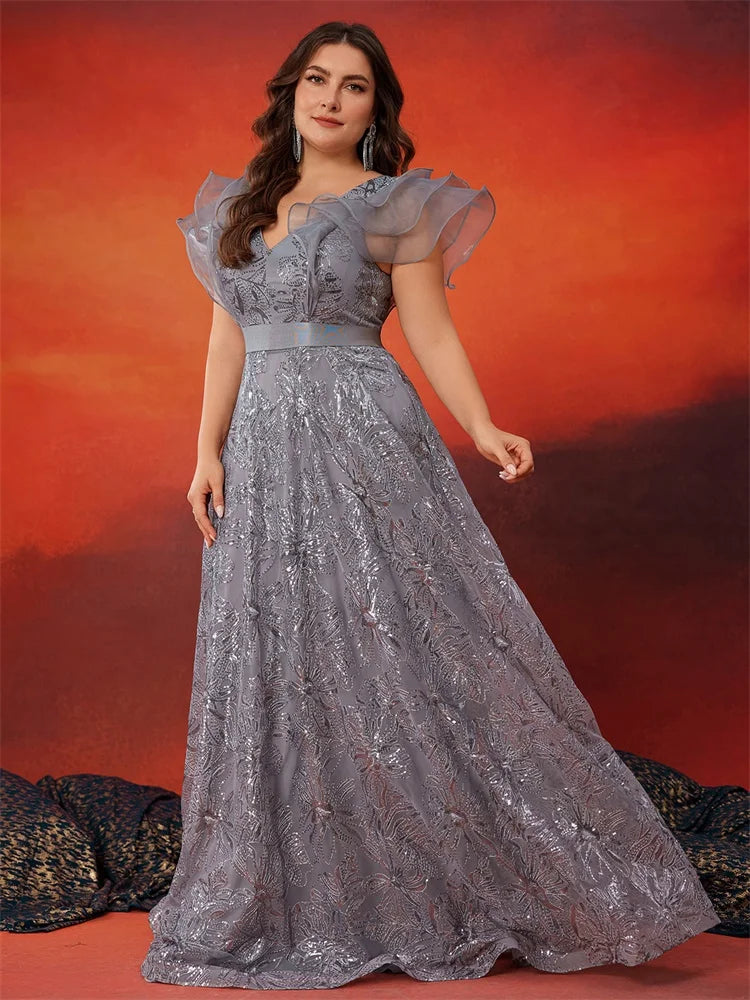 BluePlum Plus Size Grey Sequins V-Neck Evening Dress | Blue Plum - Blue Plum