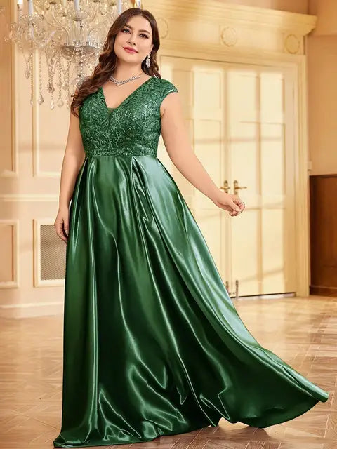 BluePlum Plus Size Luxury Grey Satin V-Neck Evening Dress Elegant 2024 Women Wedding Party Prom Floor Lenght Cocktail Dress | Blue Plum - Blue Plum