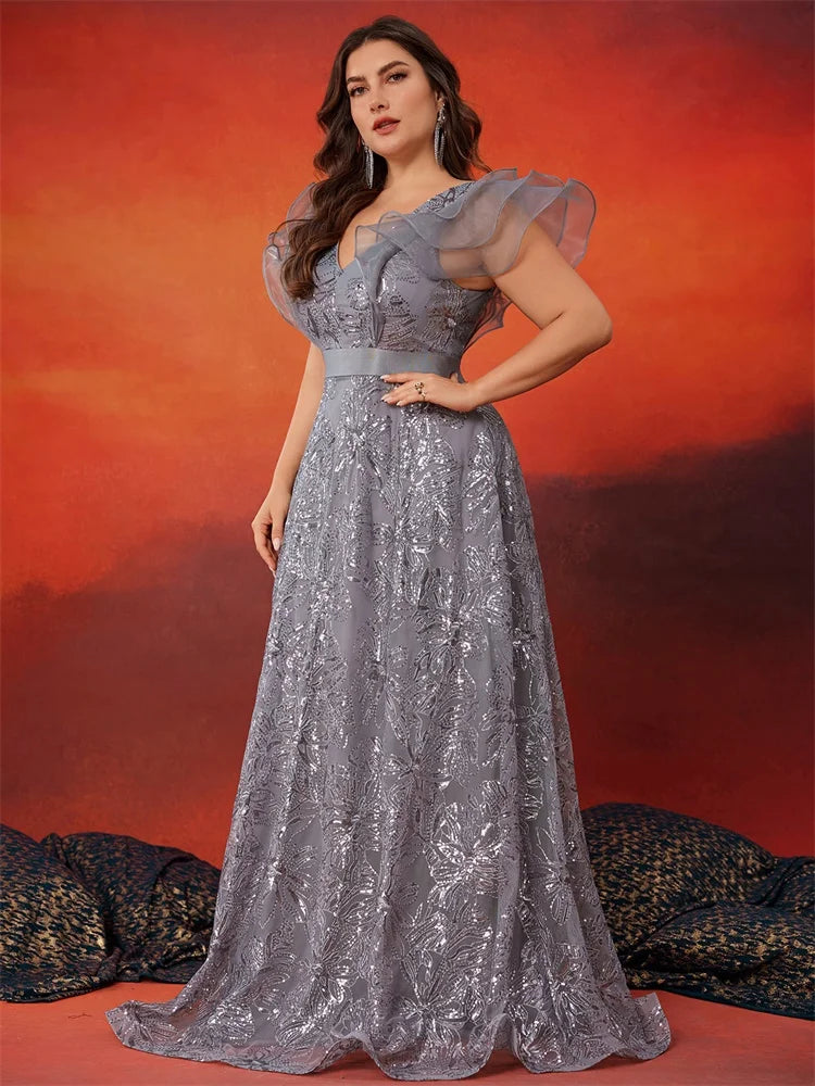 BluePlum Plus Size Grey Sequins V-Neck Evening Dress | Blue Plum - Blue Plum