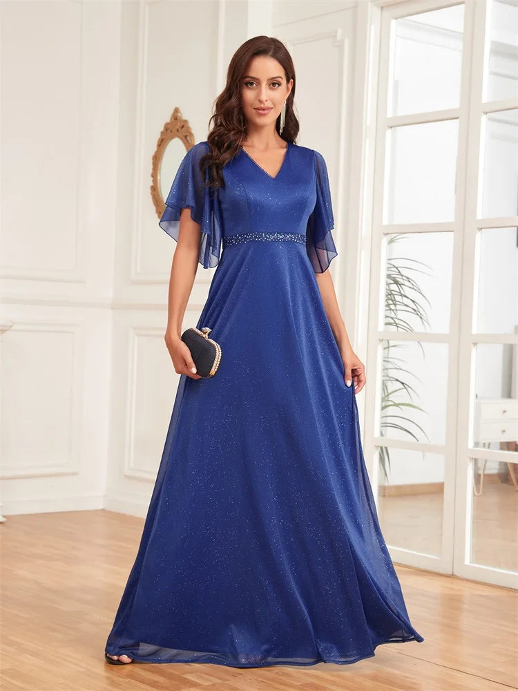 BluePlum Luxury Chiffon Maxi V-neck Royal Blue Long Dress Women Elegant Flared Sleeves Chiffon Wedding Party Evening Dress Prom | Blue Plum - Blue Plum