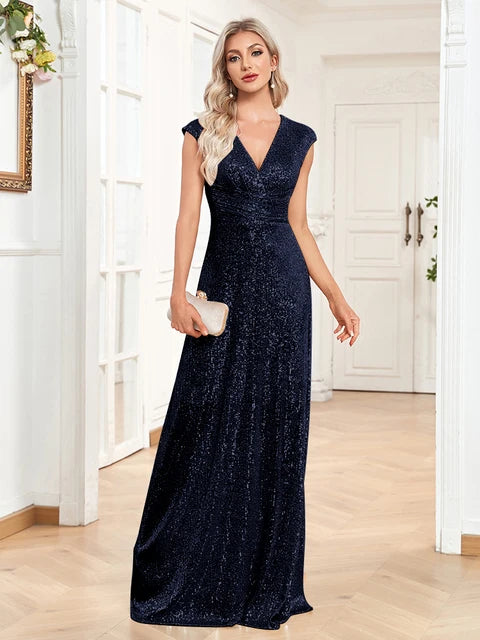 BluePlum Elegant V-neck Blue Sequins Evening Dress Luxury 2025 Women Long Formal Prom Wedding Party Dress Cocktail Gowns Vestidos | Blue Plum - Blue Plum