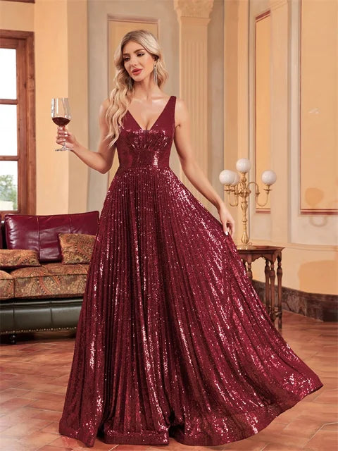 Luxury Luxury V-Neck Sleeveless Green Evening Dress Women Sequins Wedding Party Prom Maxi Cocktail Dresses Long Lenght Vestidos | Blue Plum - Blue Plum