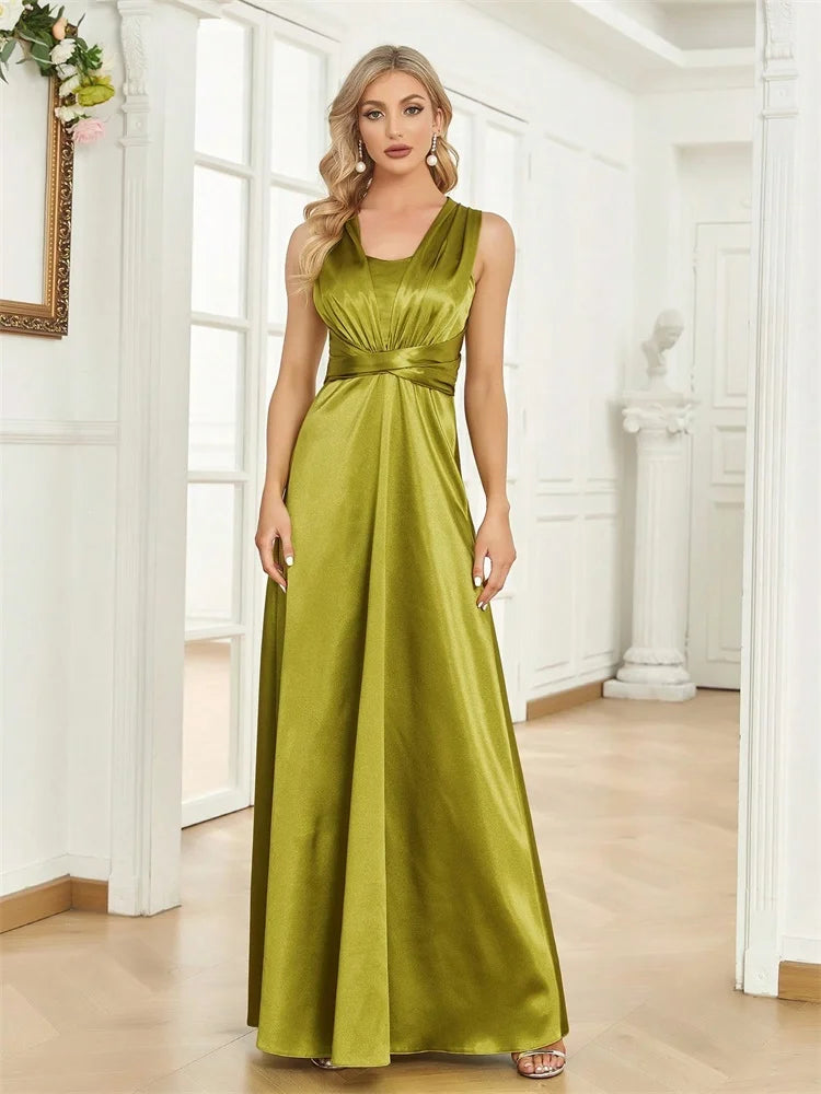 Elegant V-Back Green Satin Cocktail Gown | Blue Plum - Blue Plum