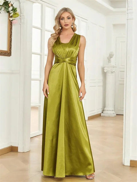 Elegant V-Back Green Satin Cocktail Gown | Blue Plum - Blue Plum