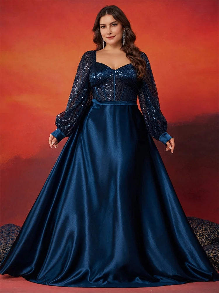 BluePlum Plus Size Luxury Blue V-Neck Sequin Evening Dress Elegant Women Party Maxi Dress Long Sleeve Cocktail Dress Prom Gown | Blue Plum - Blue Plum