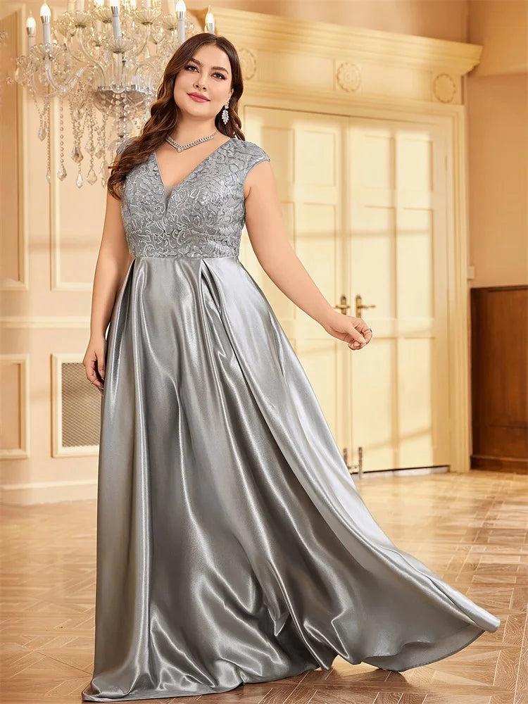 BluePlum Plus Size Luxury Grey Satin V-Neck Evening Dress Elegant 2024 Women Wedding Party Prom Floor Lenght Cocktail Dress | Blue Plum - Blue Plum