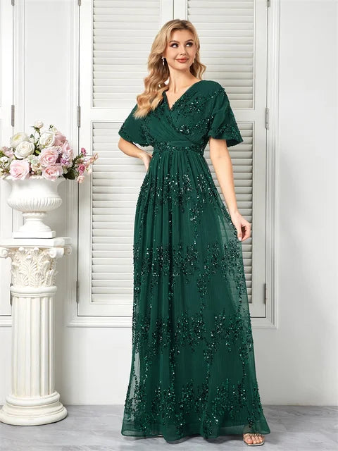 Sparkling Green Short Sleeve Evening Dress | Blue Plum - Blue Plum