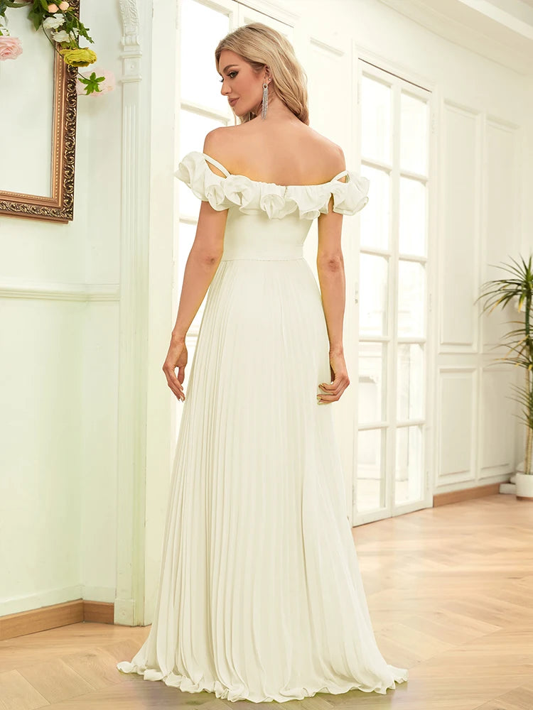BluePlum Elegant Chiffon Green Evening Dresses Long A-LINE Off-the-shoulder 2024 Women Simple Bridesmaid Wedding Party Dress Prom | Blue Plum - Blue Plum