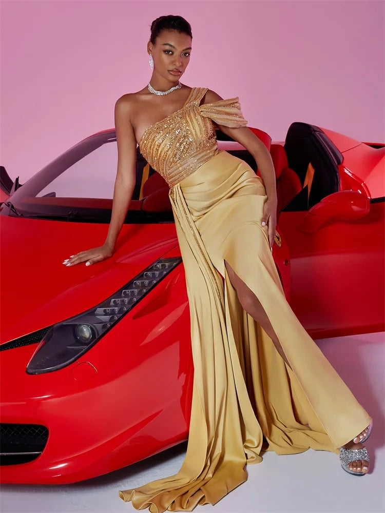 Elegant Sequins Split Gold Evening Dress | Blue Plum - Blue Plum