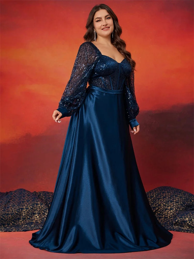 BluePlum Plus Size Luxury Blue V-Neck Sequin Evening Dress Elegant Women Party Maxi Dress Long Sleeve Cocktail Dress Prom Gown | Blue Plum - Blue Plum