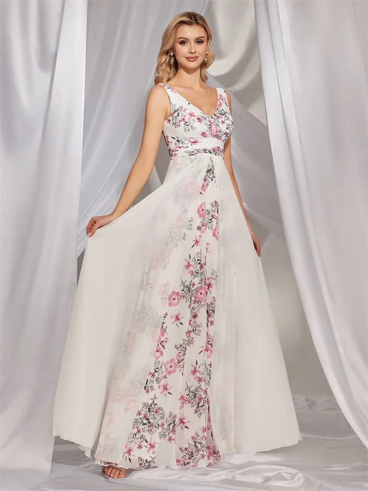 BluePlum Luxury Chiffon Printing White Backless Evening Dresses long 2024 Women Dress Wedding Bridesmaid Party Prom Cocktail Gowns | Blue Plum - Blue Plum