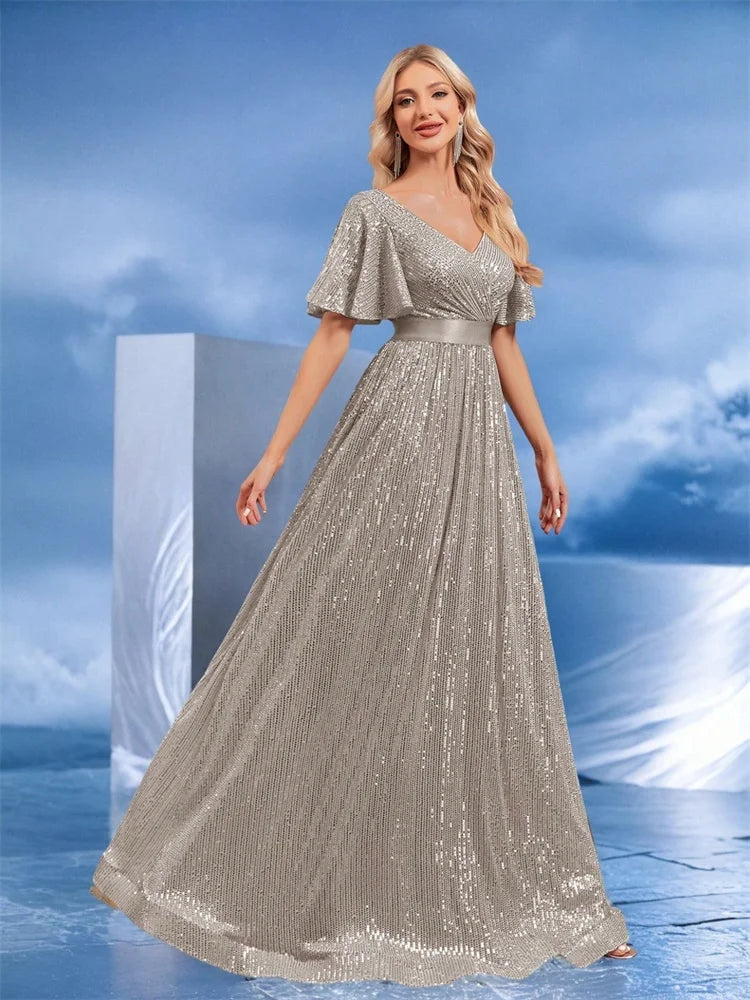 Luxury Sequin V-Neck Formal Evening Maxi Dress | Blue Plum - Blue Plum