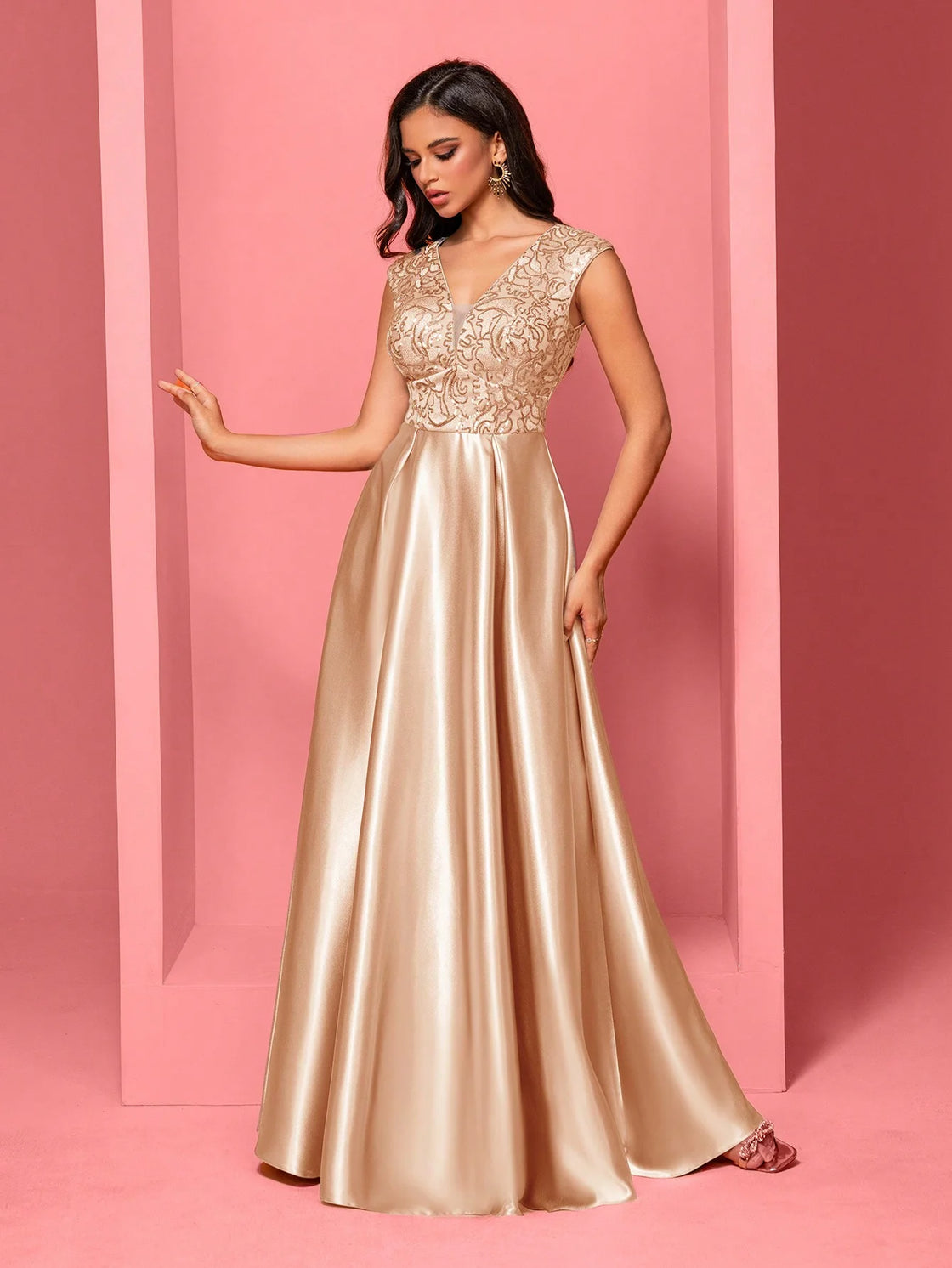 Luxury Blueplum Gold Satin V-Neck Sequin Evening Dress | Blue Plum - Blue Plum