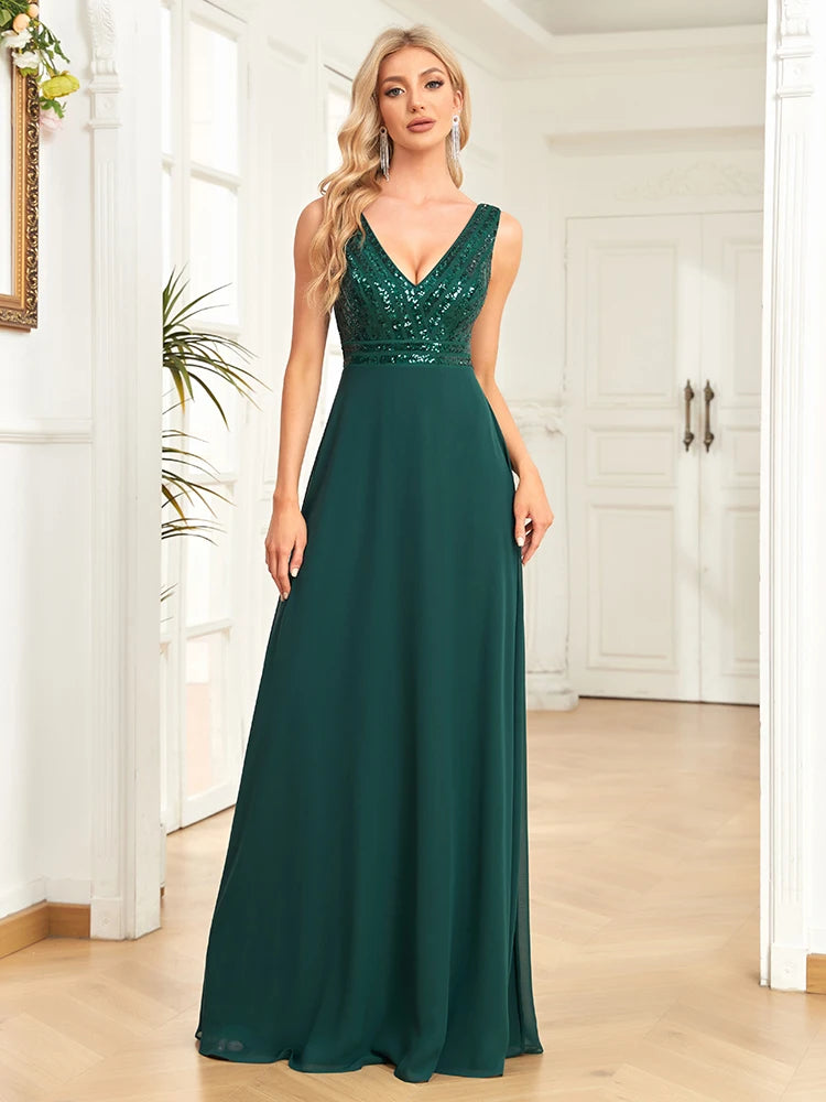 BluePlum Elegant Chiffon Prom Dress Long Sexy V Neck A-Line Sequin Formal Evening Dress 2024 Women Dark Green Bridesmaid Dress | Blue Plum - Blue Plum
