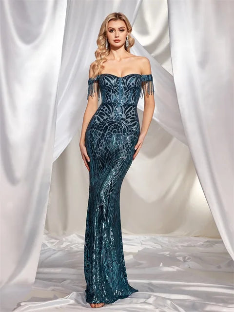 BluePlum Elegant Sequin Blue Evening Dress Luxury 2024 Women Long Mermaid Formal Prom Luxury Wedding Party Cocktail Gowns | Blue Plum - Blue Plum