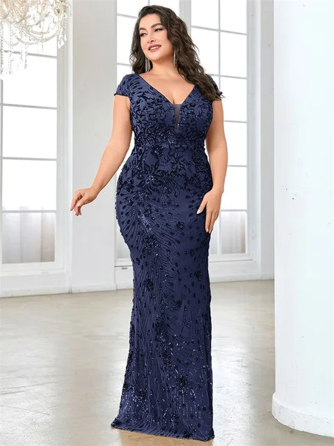 BluePlum Plus Size Elegant Sequin Evening Dress Long 2025 Women Mermaid Formal Deep V-neck Prom Luxury Wedding Party Dresses | Blue Plum - Blue Plum
