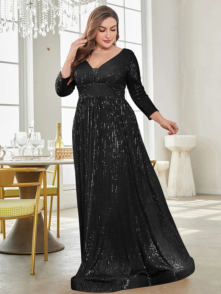 BluePlum Plus Size Elegant VNeck Sequin Evening Dress 2025 Women Formal Maxi Prom Long Sleeves Party Mermaid Luxury Cocktail Dress | Blue Plum - Blue Plum