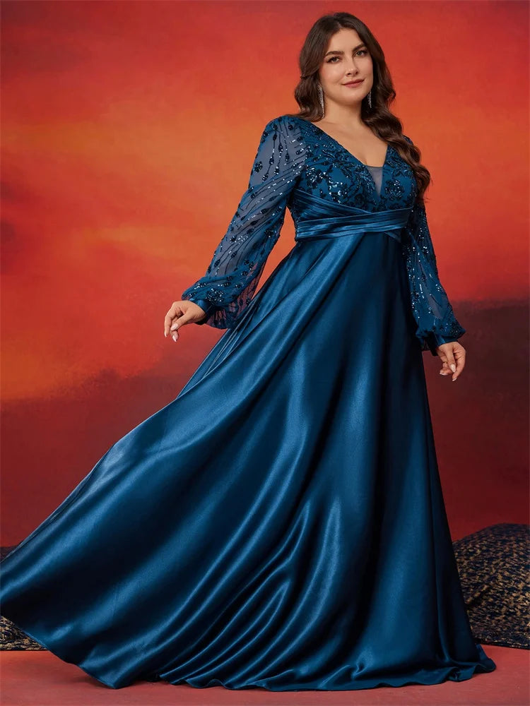 Luxury Blue Satin V-Neck Evening Dress - Plus Size | Blue Plum - Blue Plum