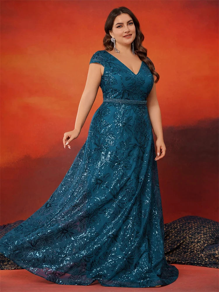 BluePlum Plus Size Luxury V-Back Sequins Blue Evening Dress Women Elegant V-back Wedding Party Long Prom Cocktail Dresses Gown | Blue Plum - Blue Plum