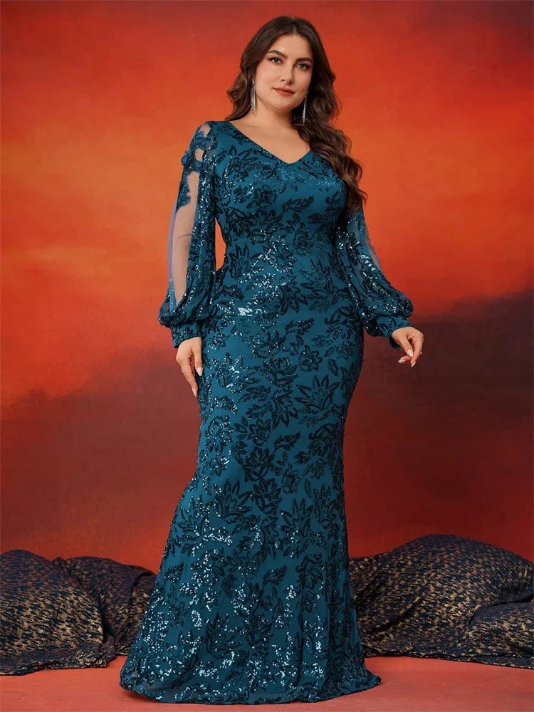 BluePlum Plus Size Elegant Long Sleeve Sequin Evening Dress Luxury Women Mermaid Wedding Party Formal Bridesmaid Prom Gowns | Blue Plum - Blue Plum