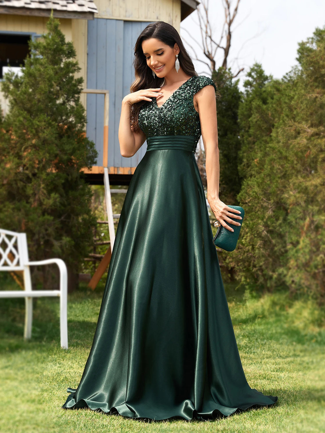 Luxury Blue Sequins V-Neck Evening Gown | Blue Plum - Blue Plum
