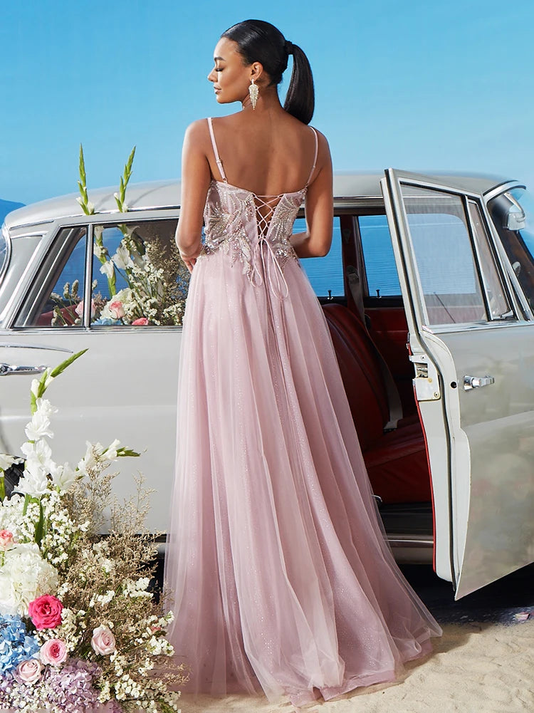 Pink V-neck Bridesmaid Evening Dress with Blueplum Suspenders | Blue Plum - Blue Plum