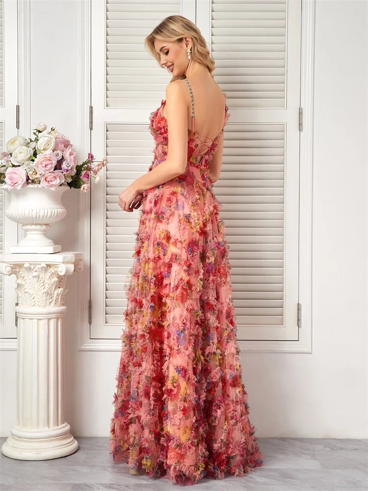 BluePlum Luxury Fashion Floral V-Neck Evening Dress Women Elegant Tulle Bridesmaid Wedding Party Prom Floor Lenght Cocktail Gowns | Blue Plum - Blue Plum