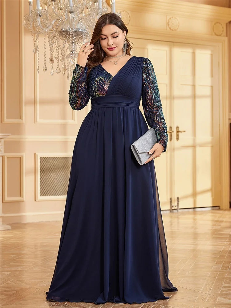 BluePlum Plus Size Luxury Chiffon Long Sleeve Evening Dresses Women Sequin Blue Wedding Party Cocktail Prom Floor Lenght Gowns | Blue Plum - Blue Plum