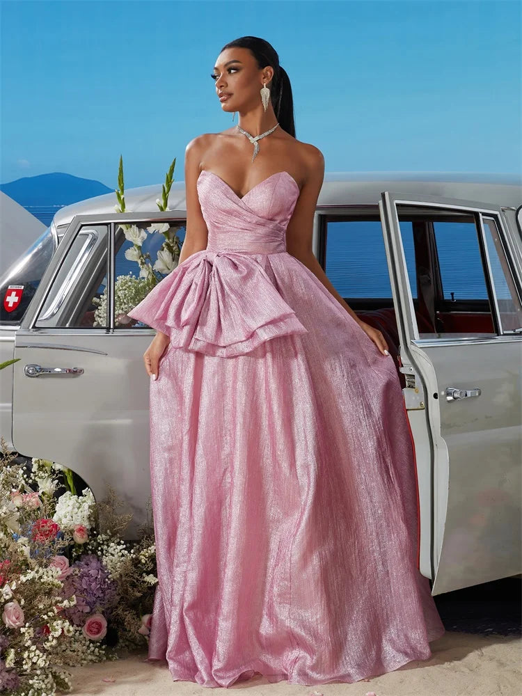 BLUEPLUM Off-shoulder Bow Pink Evening Dress - Elegant Women's A-line Gown | Blue Plum - Blue Plum