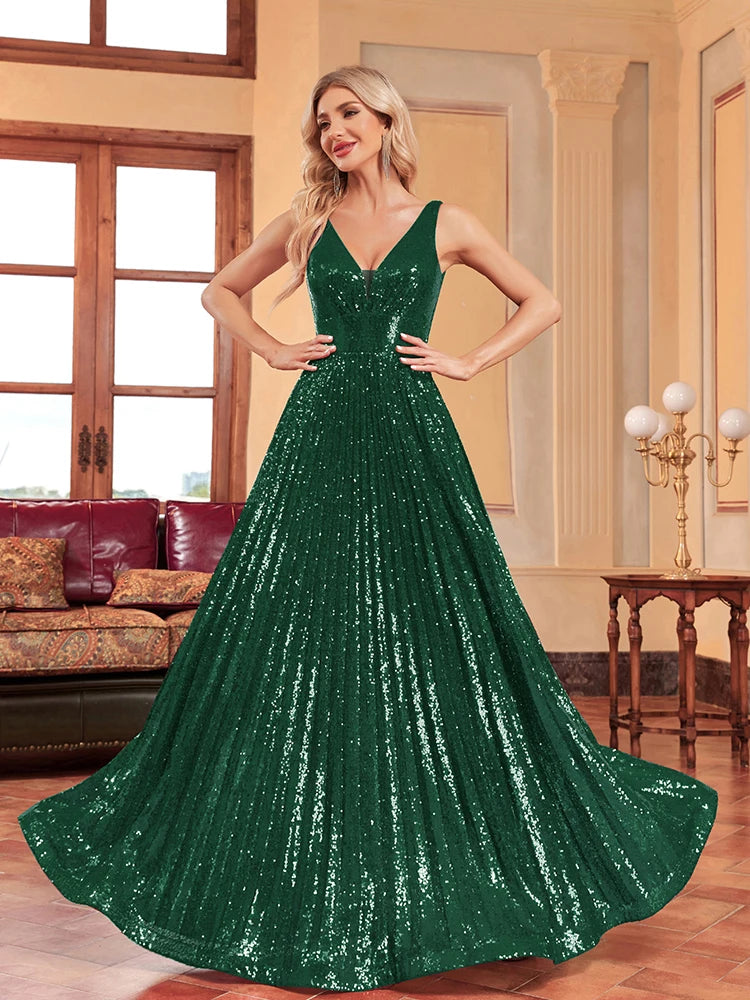 Luxury Luxury V-Neck Sleeveless Green Evening Dress Women Sequins Wedding Party Prom Maxi Cocktail Dresses Long Lenght Vestidos | Blue Plum - Blue Plum