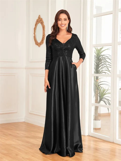 Luxury Deep V-Neck Sequins Evening Dress | Blue Plum - Blue Plum