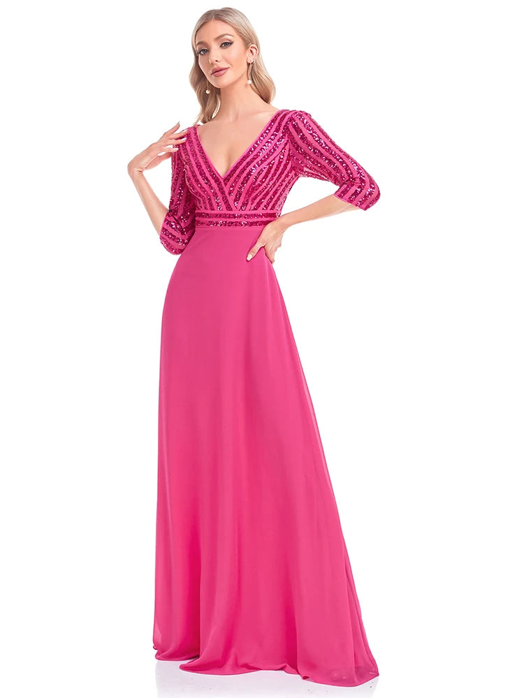 BluePlum Elegant Sequin Long Sleeve Formal Evening Dress Chiffon Blue A- line V-Neck Wedding Party Graduation Prom Dress For Women | Blue Plum - Blue Plum