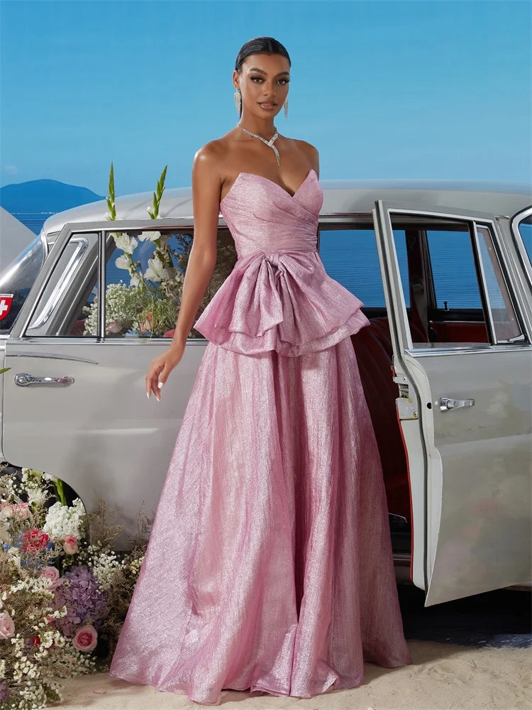 BLUEPLUM Off-shoulder Bow Pink Evening Dress - Elegant Women's A-line Gown | Blue Plum - Blue Plum