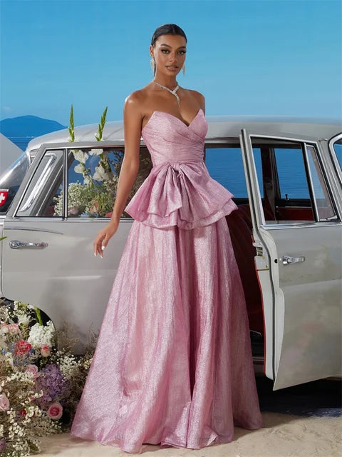 BLUEPLUM Off-shoulder Bow Pink Evening Dress - Elegant Women's A-line Gown | Blue Plum - Blue Plum