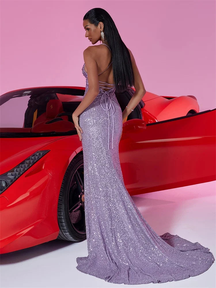 Sequin Purple Evening Dress with Sexy Backless Detail | Blue Plum - Blue Plum