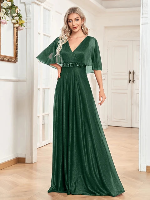 BluePlum Elegant Short sleeve Sequin Formal Evening Dress 2025 Women Wedding Party Prom V-Neck Ruffles Chiffon Red Gown Vestidos | Blue Plum - Blue Plum