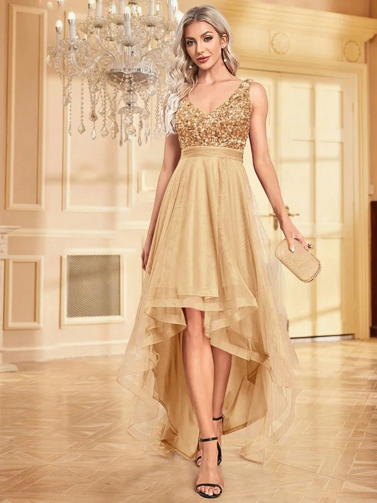 Sequined Sleeveless Gold Formal Evening Dress | Blue Plum - Blue Plum