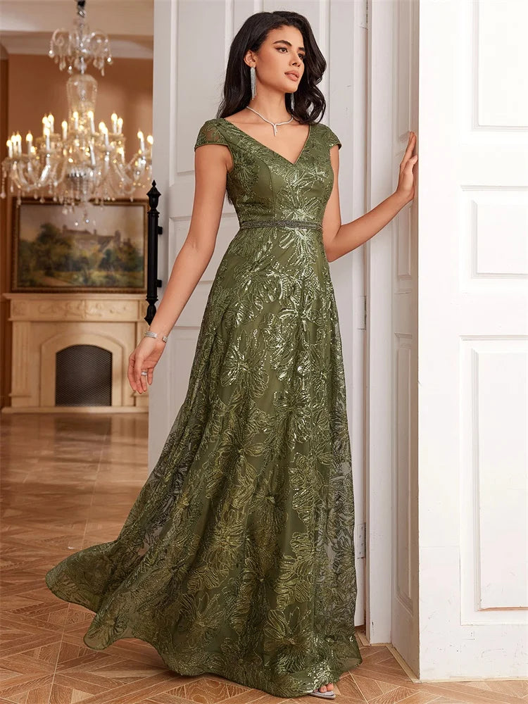 BluePlum New Luxury V-Neck Green Sequins Evening Dress Elegant Long Women V-back Wedding Party Long Prom Cocktail Dress Gowns | Blue Plum - Blue Plum