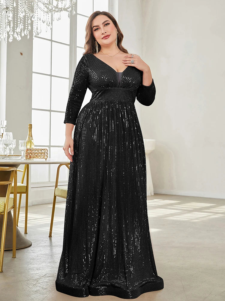 BluePlum Plus Size Elegant VNeck Sequin Evening Dress 2025 Women Formal Maxi Prom Long Sleeves Party Mermaid Luxury Cocktail Dress | Blue Plum - Blue Plum