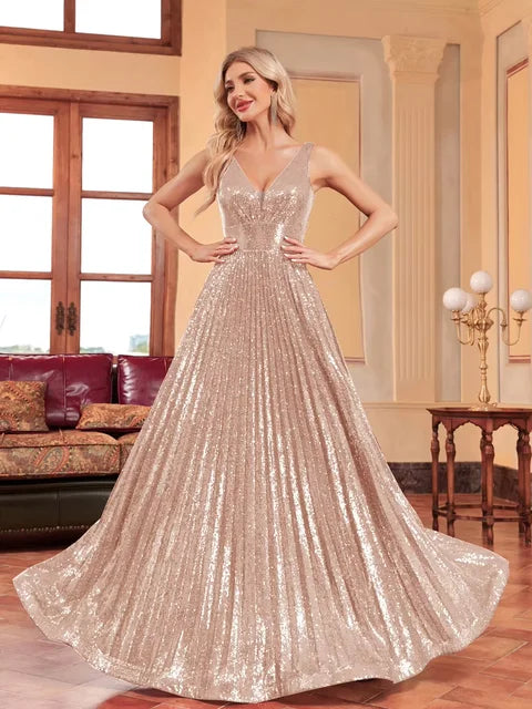 Luxury Luxury V-Neck Sleeveless Green Evening Dress Women Sequins Wedding Party Prom Maxi Cocktail Dresses Long Lenght Vestidos | Blue Plum - Blue Plum
