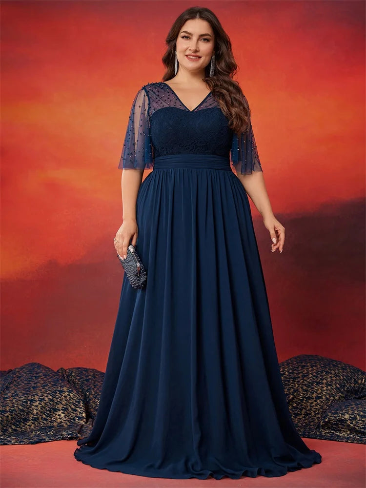 BluePlum Plus Size Luxury V-Neck Chiffon Blue Evening Dress Women Elegant V-back Wedding Party Long Prom Cocktail Dress | Blue Plum - Blue Plum