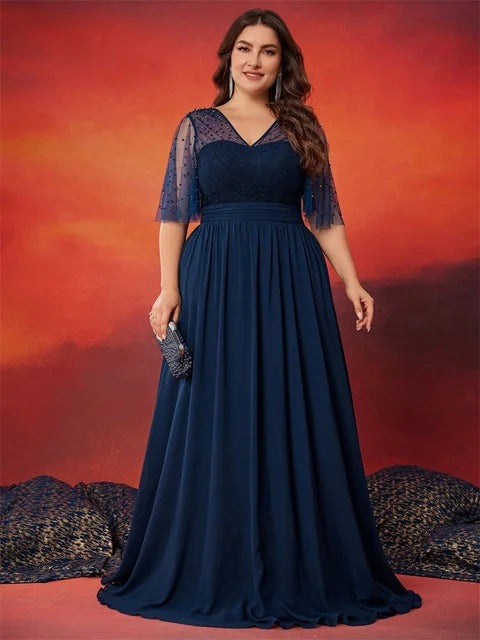 BluePlum Plus Size Luxury V-Neck Chiffon Blue Evening Dress Women Elegant V-back Wedding Party Long Prom Cocktail Dress | Blue Plum - Blue Plum