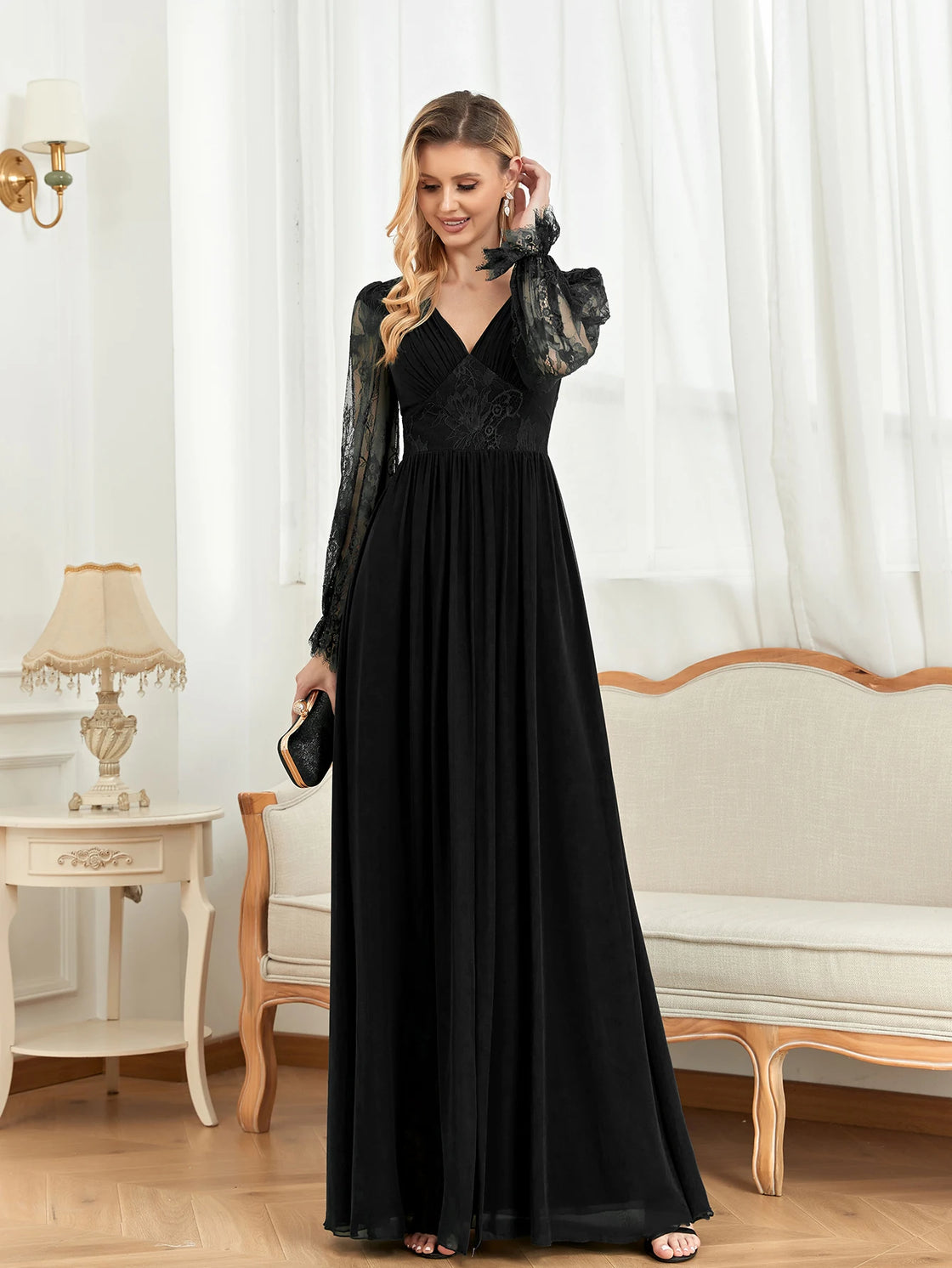 BluePlum Elegant Long Sleeves Tulle Embroidery Evening Dress 2025 Women Chiffon Slit Bridesmaid Wedding Party Dress Formal Prom | Blue Plum - Blue Plum
