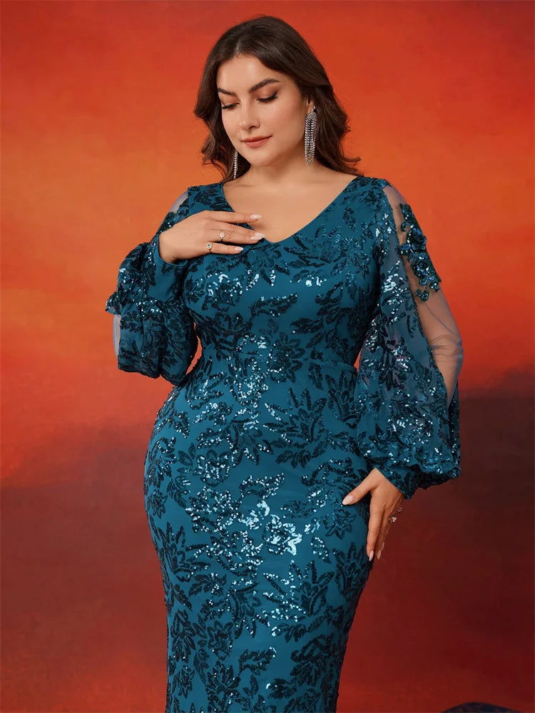BluePlum Plus Size Elegant Long Sleeve Sequin Evening Dress Luxury Women Mermaid Wedding Party Formal Bridesmaid Prom Gowns | Blue Plum - Blue Plum