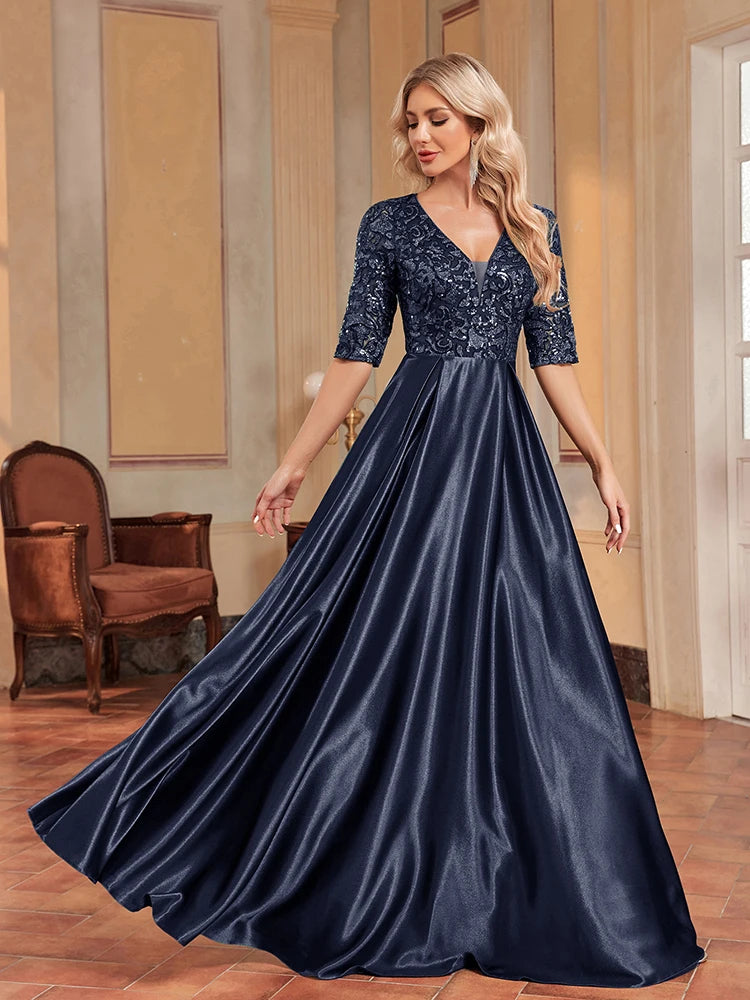 BluePlum Elegant Short Sleeve Blue Sequins Evening Dress Women Satin Sexy V-neck Wedding Party Prom Cocktail Floor Lenght Dresses | Blue Plum - Blue Plum